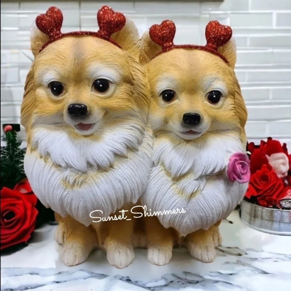 Valentines Pomeranian Pom Dogs Hearts & Rose Resin Figure Statue Decor